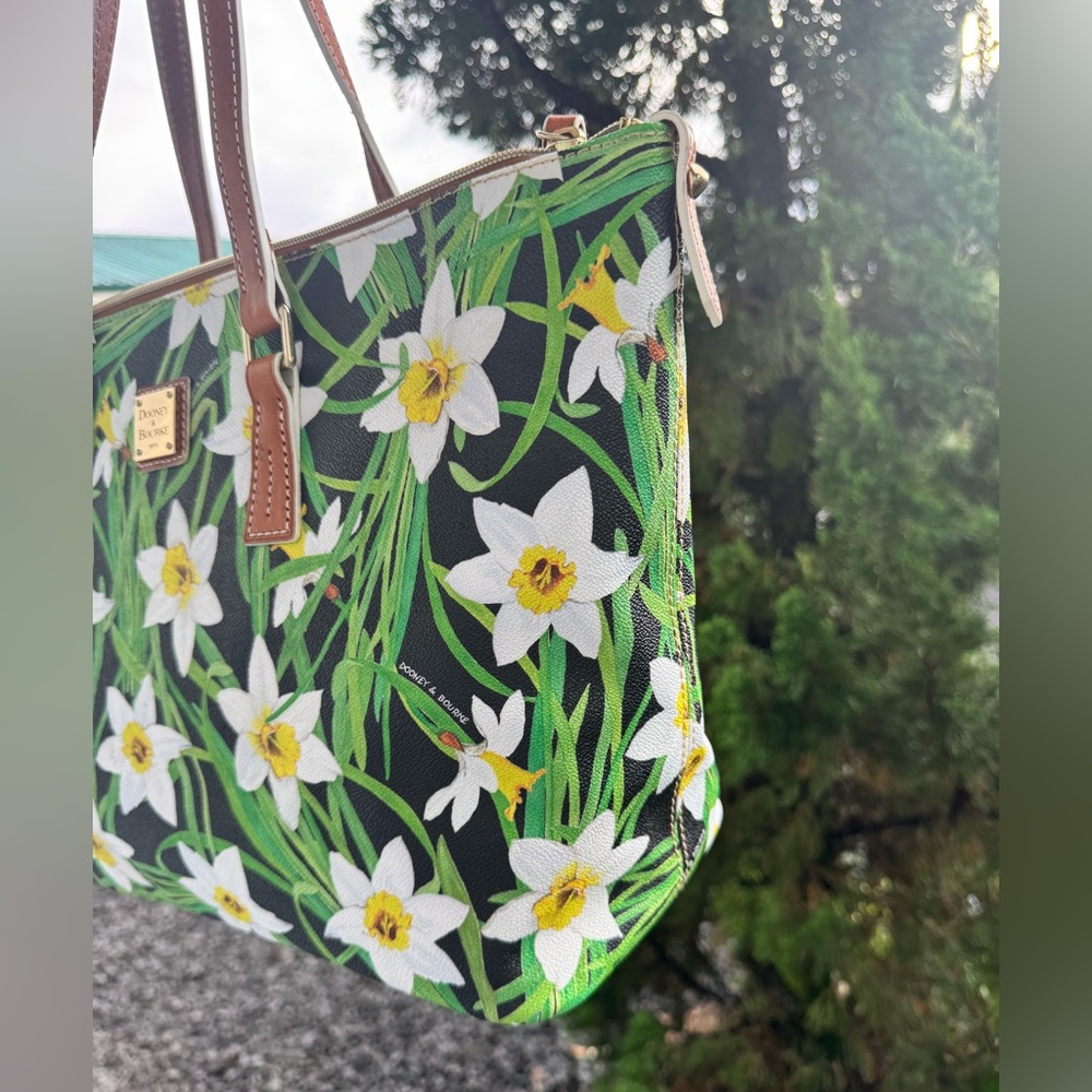 Dooney & Bourke Narcissus Floral Tote | Black Coated Canvas Leather Trim - Picture 11 of 15
